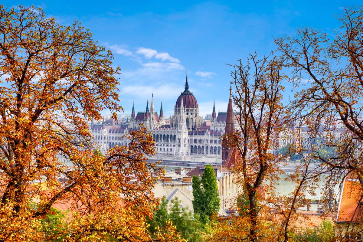 View of Parliament buildings in Budapest, Hungary in autumn