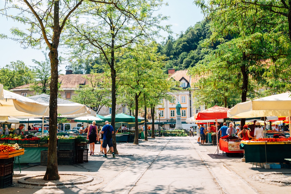 Open-air stalls of Ljubljana's Central Market in Slovenia