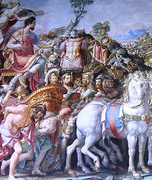 Etruscans defeated by Romans at Veii, fresco of 16th C. Florence