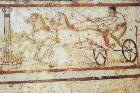 Etruscan chariot racing, tomb fresco. Tarquinia, Italy 