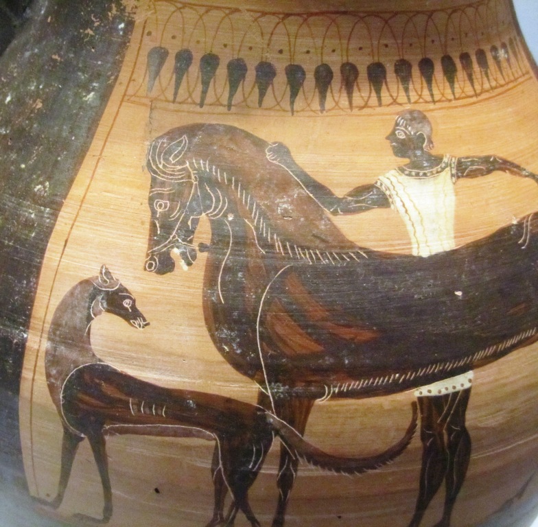 hunting scene on Etruscan storage jar